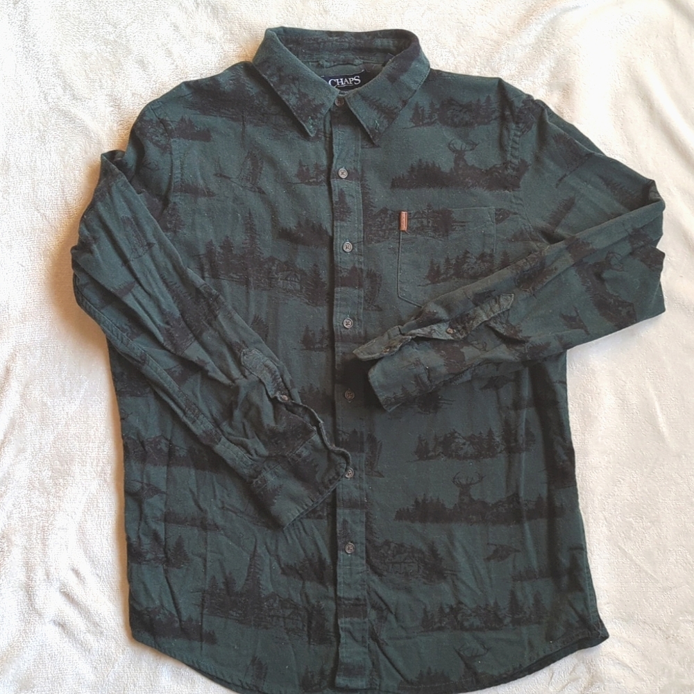 Chaps Dark Forest Green Flannel Button Up with Geese, Pine Trees, Deer Bucks